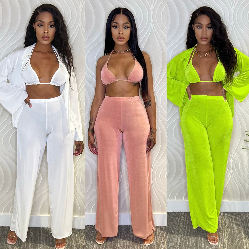 8708 8708#欧美女装跨境独立站 新款 抖抖布 大码 阔腿裤 三件套套装女 8708