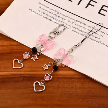 Korean Sweet and Cool Ins Bow Peach Heart Five-Pointed Star Pendant Keychain Girl Pink Mobile Phone Chain Bag Pendant
