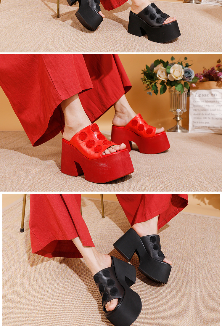 Dép sandal nữ da bò thật đế dày gót cao phong cách tối giản — Màu đen, Màu đỏ