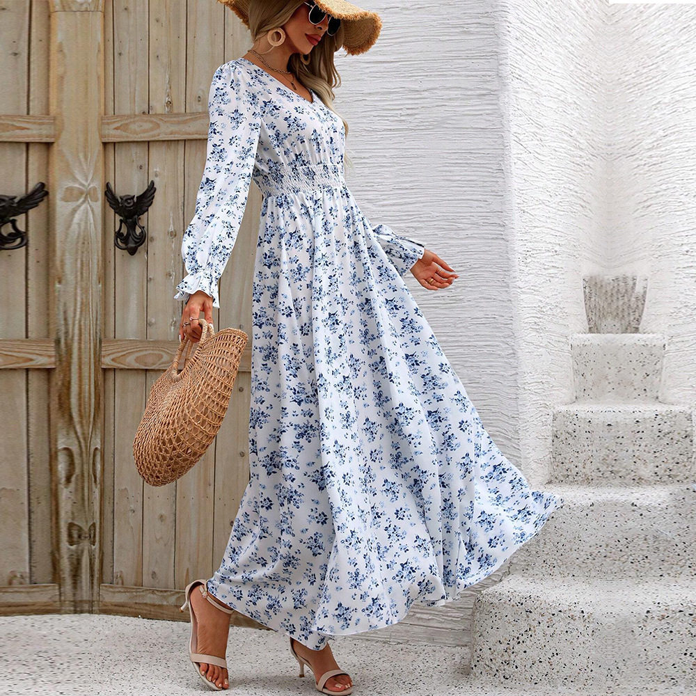 Floral Maxi Dress Elegant French Style Fresh and Sweet Design Perfect for Autumn and Winter Wholesale Available