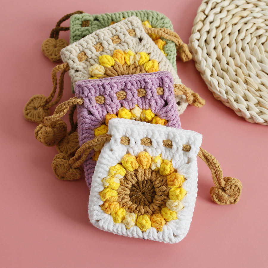 Sweet sunflower hand-woven mini drawstring bag snow five wool crocheted earphone case sunflower coin purse