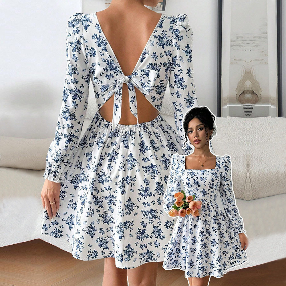 Elegant French Style Square Neck Dress High Waist Backless Floral Print Spring Summer Casual Wear Wholesale