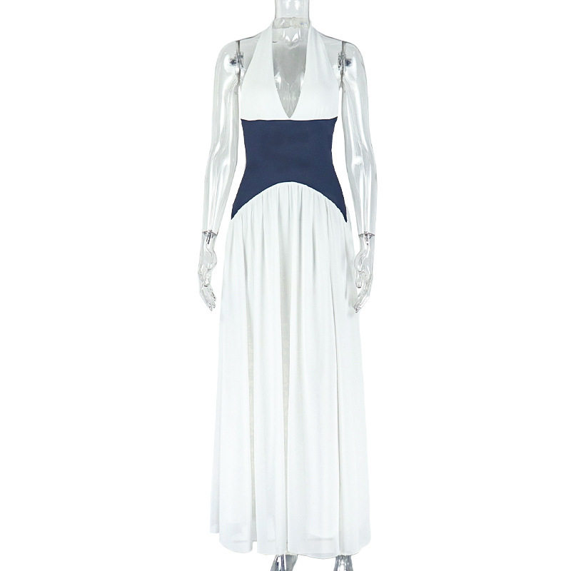 A Line Dress Ruched Color Block Deep V Neck Backless Elegant Evening Wear Wholesale Available