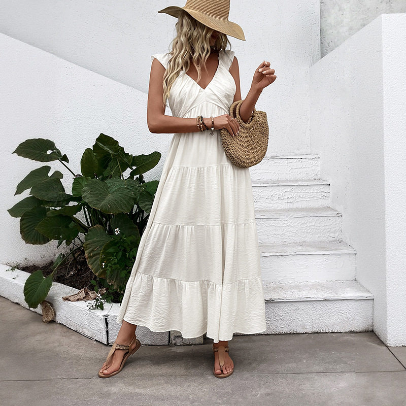 Sleeveless V Neck White Dress Simple Design Beach Vacation Style Lightweight Fabric Wholesale Available