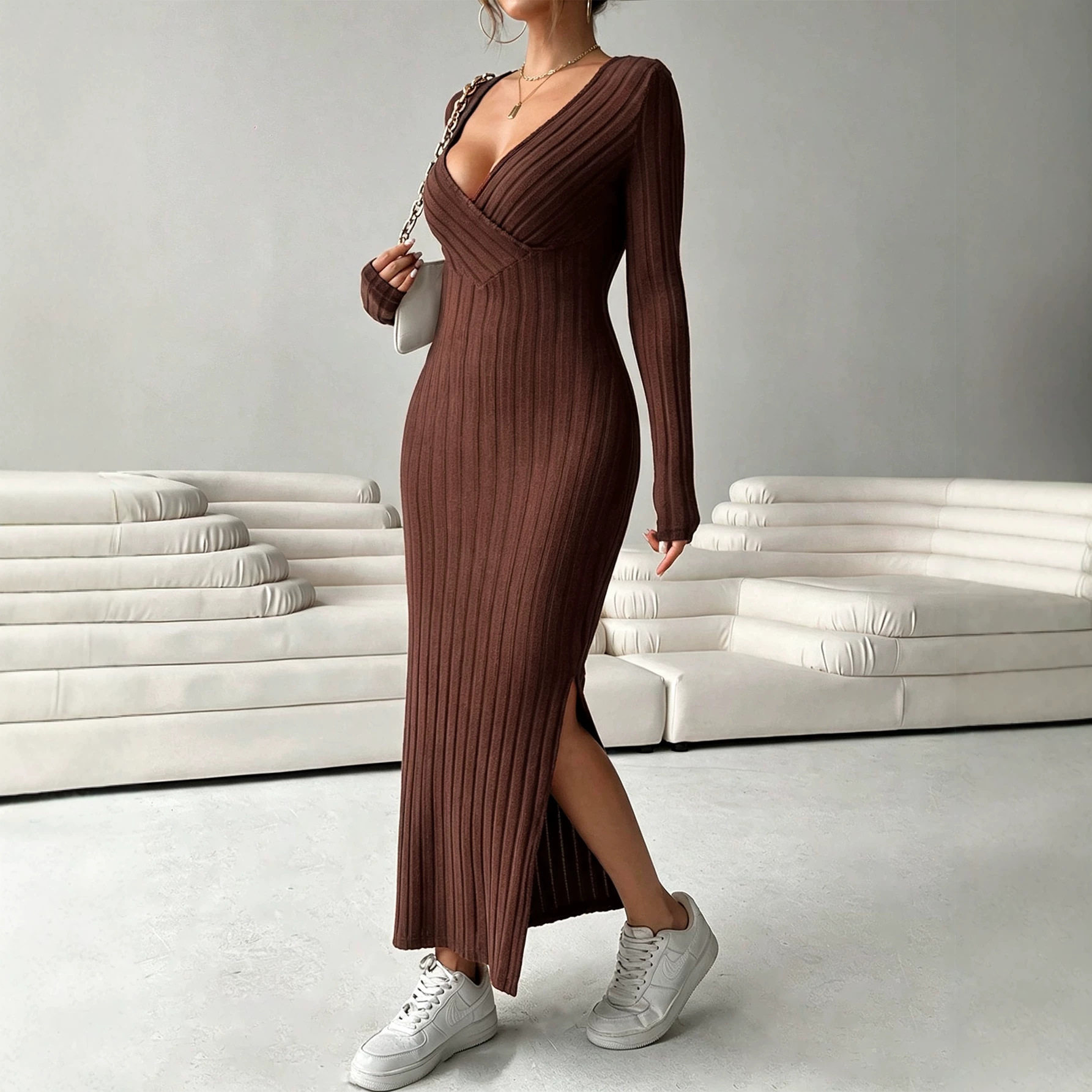 Deep V Neck Knit Dress Long Sleeve Bodycon Fit High Slit Slimming Design Autumn Winter Fashion Wholesale Available