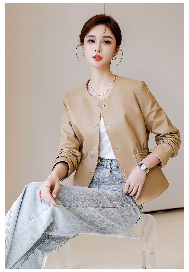 Áo khoác da cừu nữ cổ tròn dáng ngắn thắt eo — Màu đen, Màu Kaki