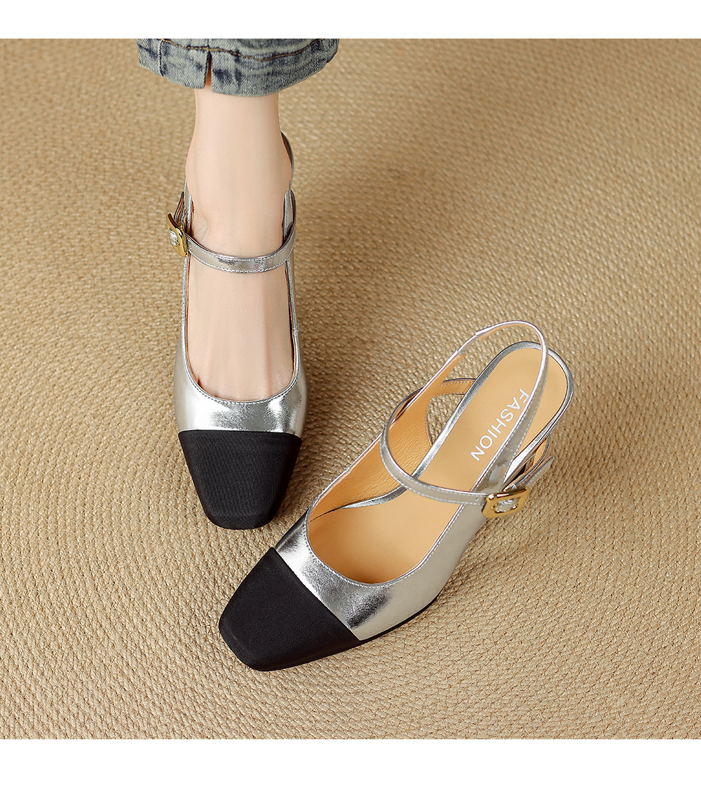 Sandal nữ mũi vuông bít mũi hở gót gót xuồng quai ngang — Màu bạc, màu vàng kim
