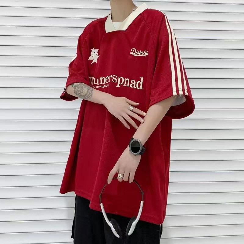 American oversize trendy short-sleeved men's t-shirt ins street sports style trend V-neck loose half-sleeved T-shirt