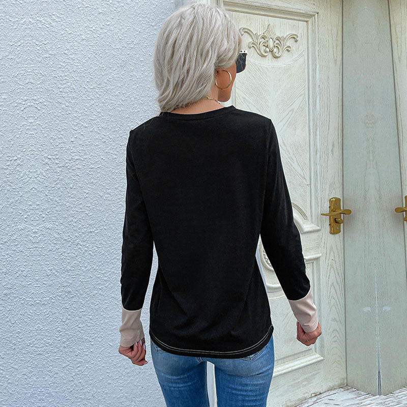 Loose Fit Womens Long Sleeve T Shirt Color Block Design V Neck Comfortable Fabric Casual Wear Wholesale Available