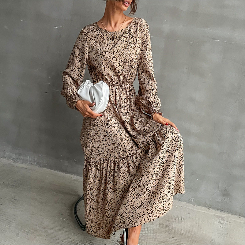 Leopard Print Long Sleeve Maxi Dress Round Neck Fashionable Autumn Winter Wholesale Available
