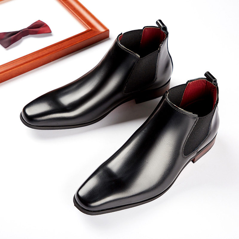 Giày Chelsea Boot Nam Da Thật Cổ Cao Chiều Cao Đế Khoảng 3cm Màu Đen