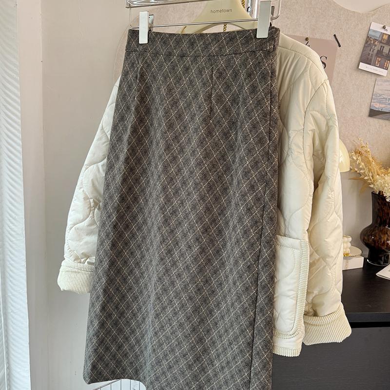 Plus Size High Waist A Line Wool Skirt Thickened Vintage Diamond Plaid Autumn Winter Fashion Wholesale Available