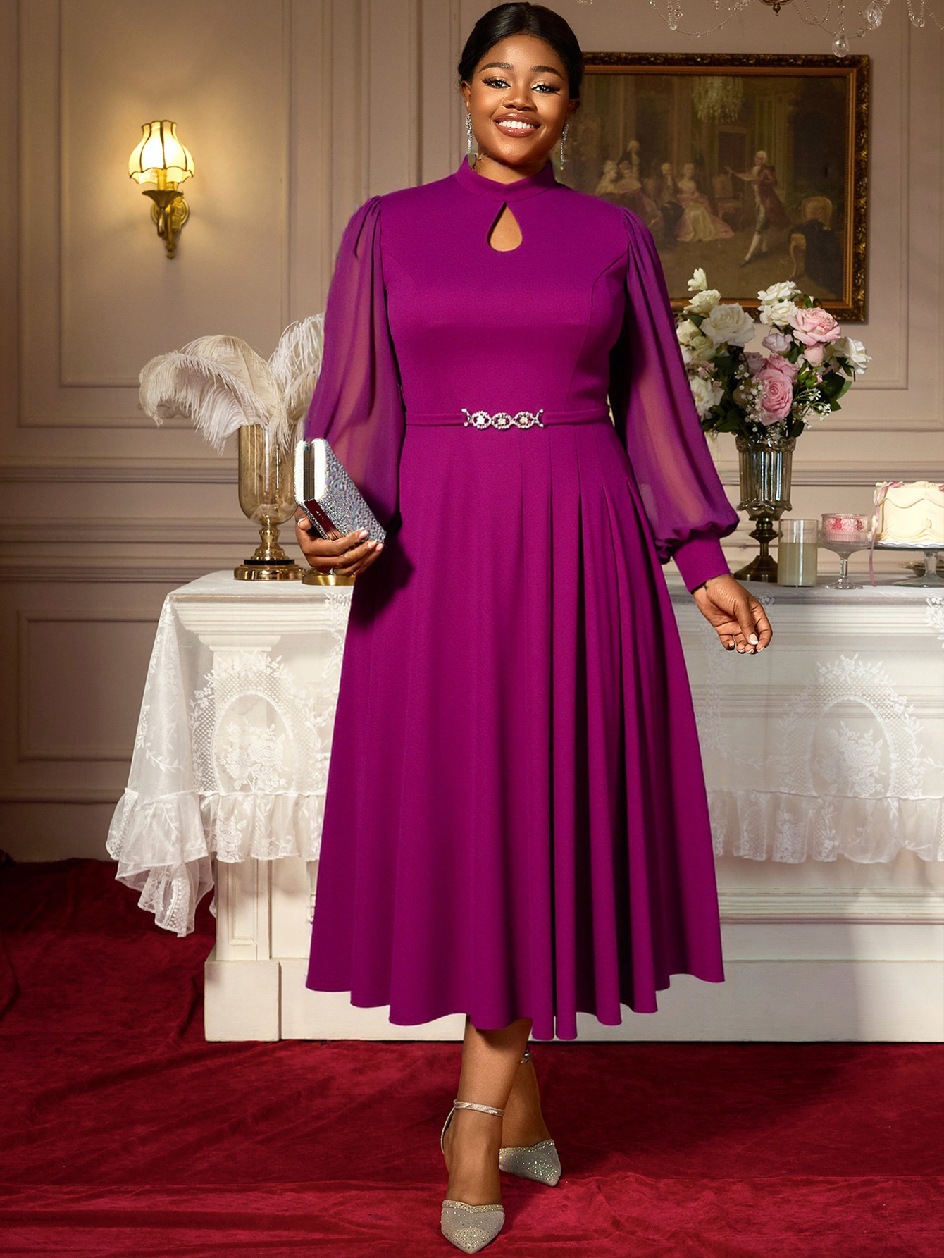 Elegant purple midi dress for plus size women, high neck cutout design, chiffon balloon sleeves, rhinestone belt evening dress