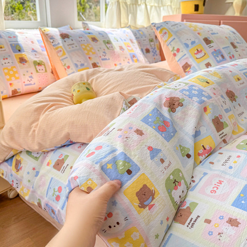 Good Product Class a Maternal and Infant Four-Piece Knitted Double-Layer Yarn Bed Quilt Cover Three-Piece Student Dormitory Skin-Friendly and Comfortable Kapok