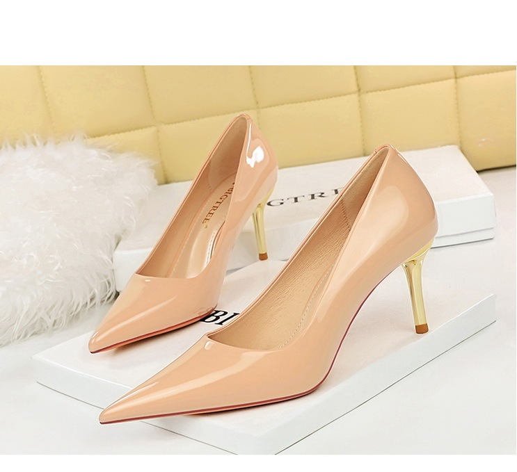 Giày cao gót nữ mũi nhọn da bóng gót kim loại thanh mảnh tôn dáng — 7122-1 đen 10CM, 7122-1 màu nude 10CM, 7122-1 Rượu Vang Đỏ 10CM, 7122-A1 đen 7CM