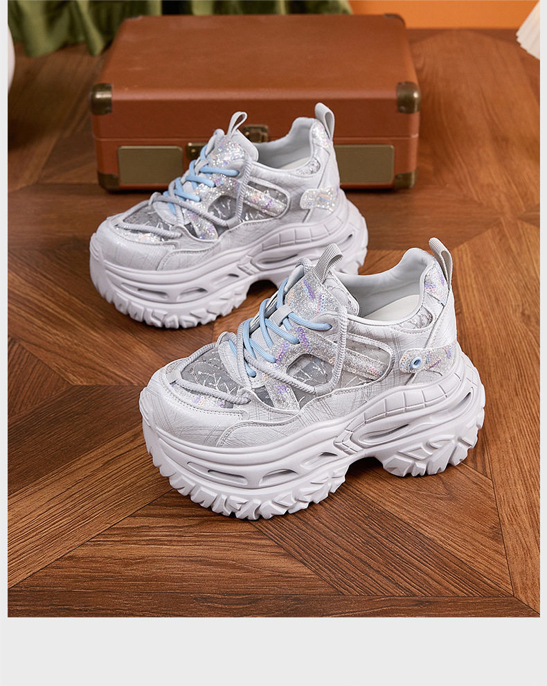 Giày sneaker nữ chunky đế dày phong cách thể thao, mũi tròn, dây buộc, đế cao siêu cao 8cm — Trắng Tím, Xám Xanh chi tiết 17