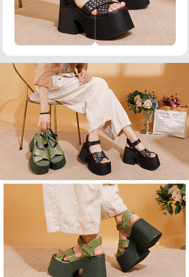 Sandal nữ da bò thật gót siêu cao đế dày kiểu La Mã đính đinh tán — Màu đen, Màu xanh lá