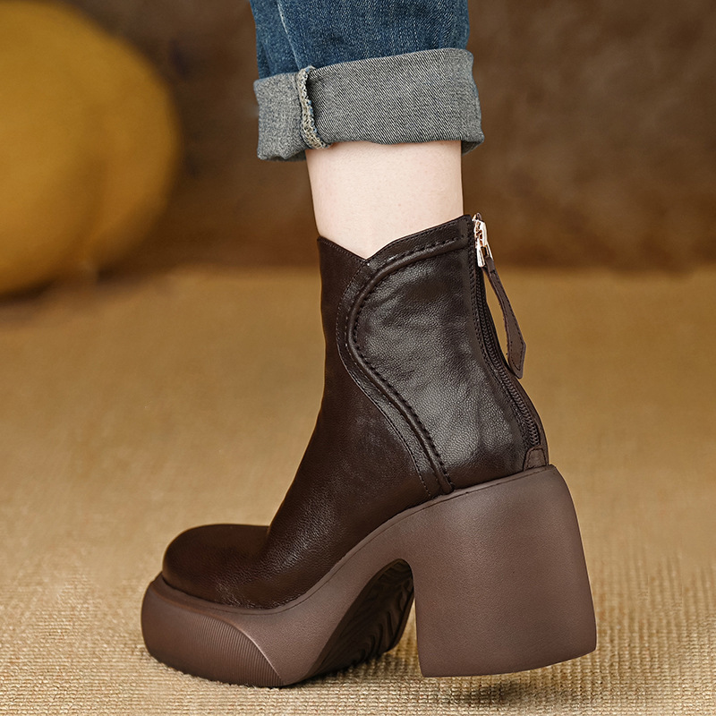 Boot nữ cổ thấp gót dày đế bệt 8.5cm mũi tròn phong cách thanh lịch — màu đen, màu nâu