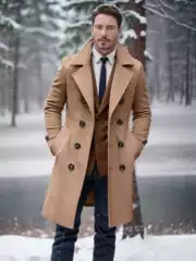 2024 Foreign Trade Autumn and Winter Cross-Border Mid-Length Double-Breasted Men's Woolen Coat Slim Fit Woolen Overcoat European Size Simple Suit