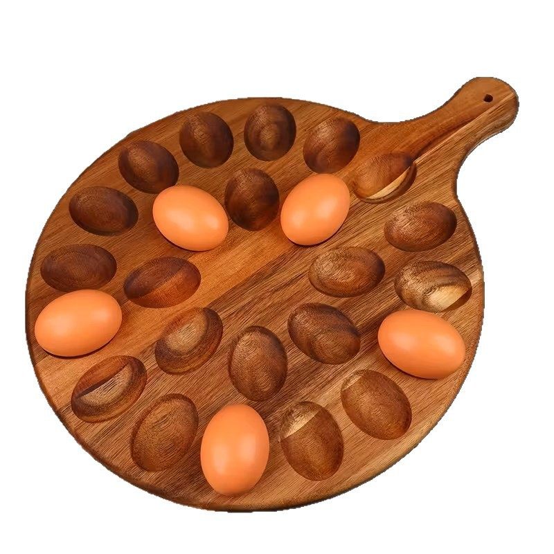 Cross-Border Acacia Wood Egg Tray Kitchen Egg Tray Compartment Round Solid Wood Multi-Compartment Duck Egg Tray with Handle