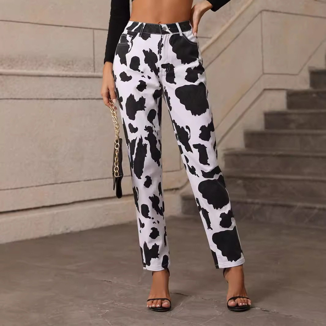 High Waisted Cow Print Denim Pants Unique Design Trendy Style Comfortable Fit Casual Wear Ready to Ship