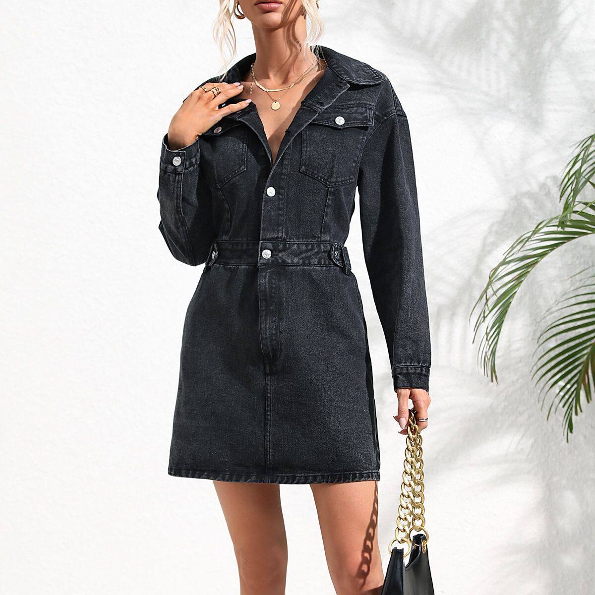 Elegant Denim Dress Trendy Style Chic Fit Versatile for Casual or Formal Occasions Wholesale Available