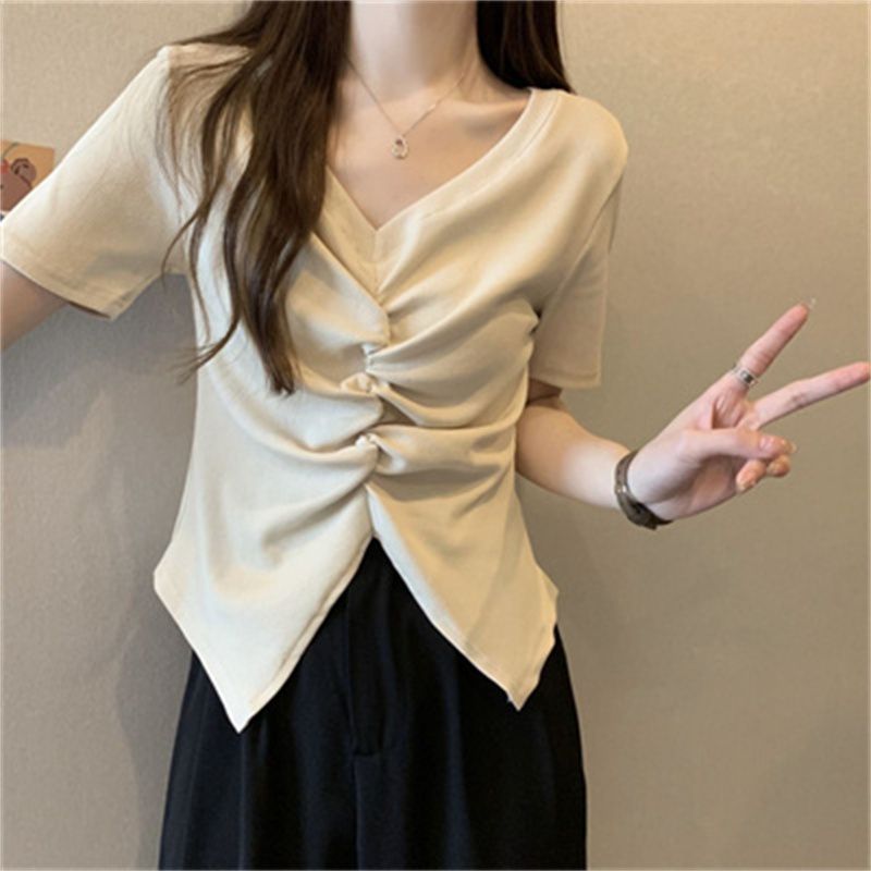 Plus Size Womens V Neck Ruched Slim Fit Short Sleeve T Shirt Unique Design Casual Wear