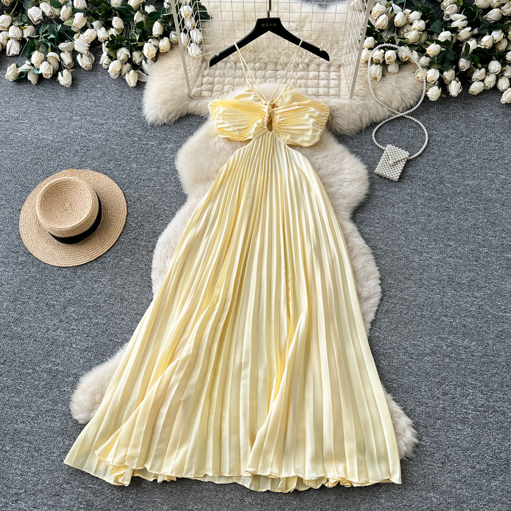 Backless Hollow Out Halter Dress French Beach Vacation Style Elegant Long Maxi for Summer Wholesale Available