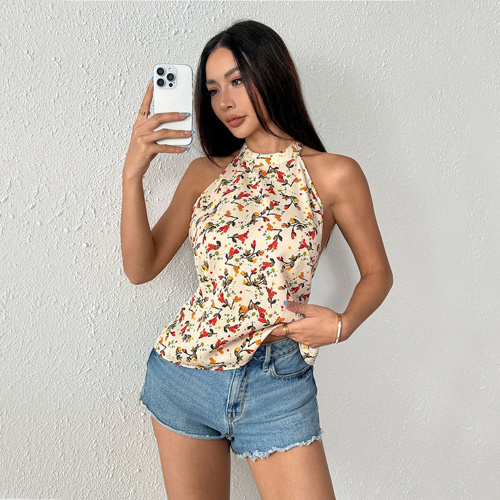 Summer Floral Print Backless Halter Top Sexy Design Casual Style Lightweight Fabric Wholesale Available