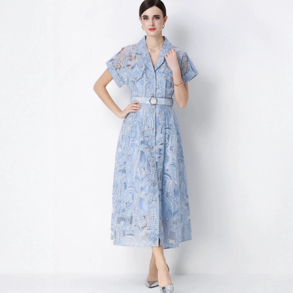 French Style Long Sleeve Dress Lapel Collar Waist Cinching Flared Hem Lace Detailing Spring and Autumn Occasion