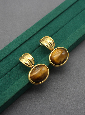 虎眼石项链欧美小众设计西域珠款天然石耳环双面锁骨链新款套装