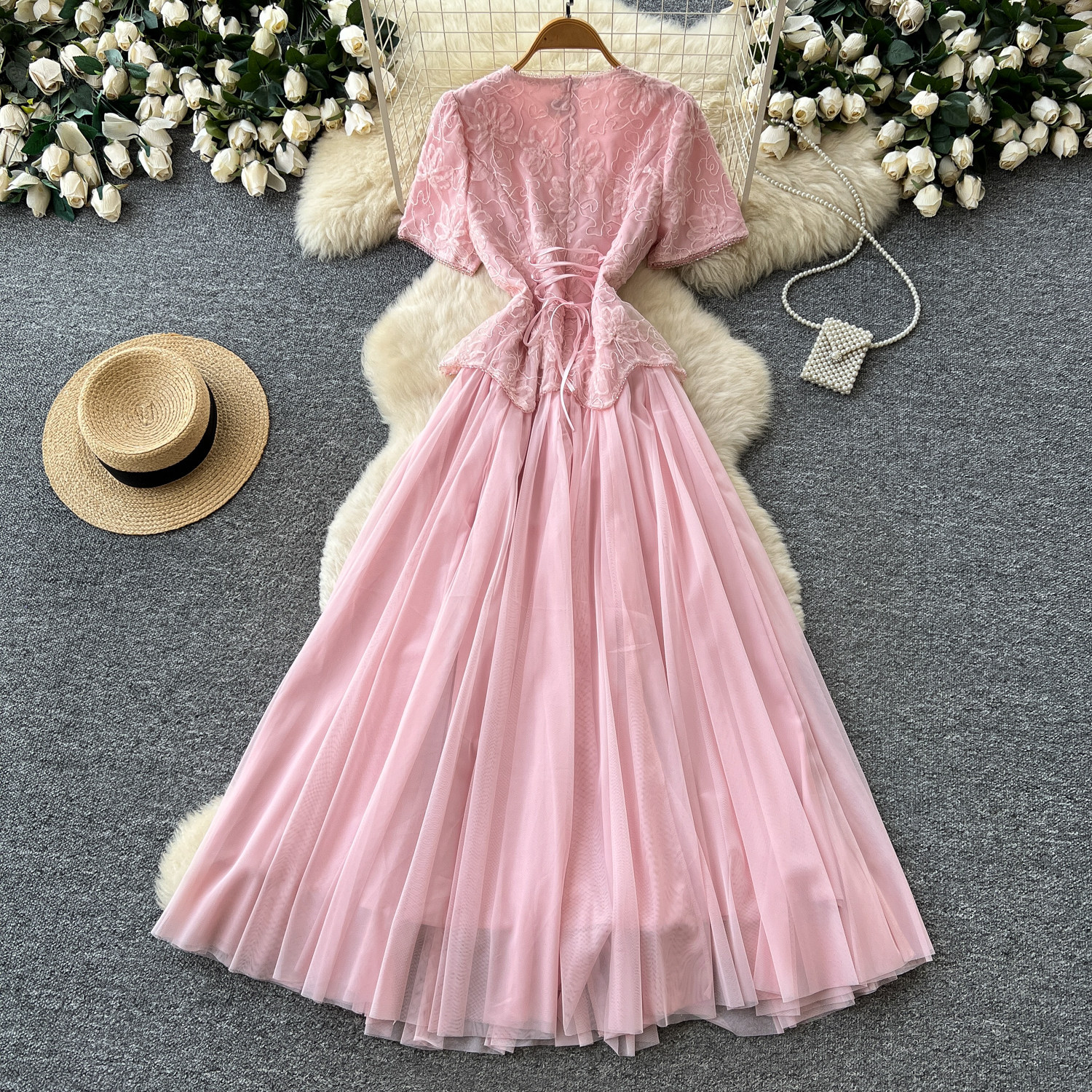 Pink Lace A Line Dress for Women Slim Fit Sheer Mesh Elegant Style Perfect for Summer Commute Wholesale Available