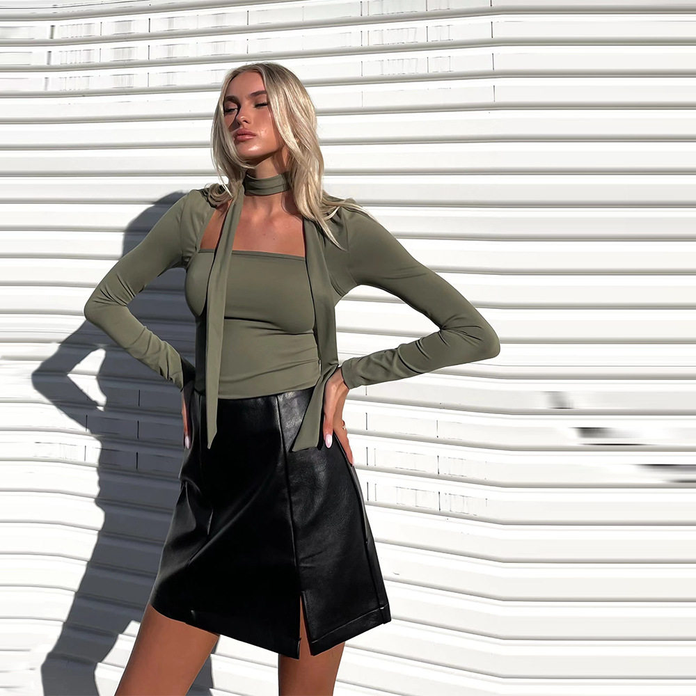 Elegant Womens T Shirt Square Neck Tie Detail Slim Fit Short Sleeve Spring Summer Casual Wear Wholesale Available
