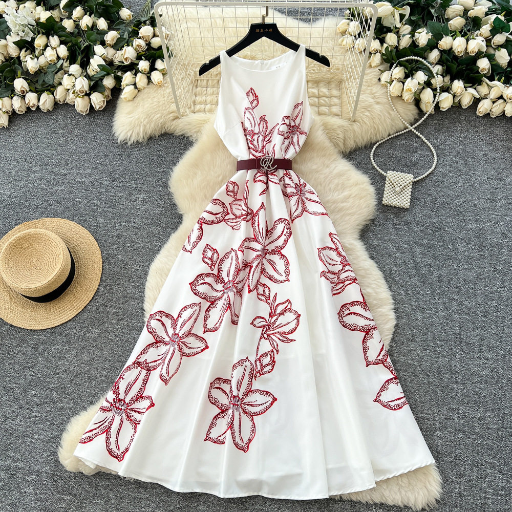 Elegant French Vintage Sleeveless Maxi Dress Floral Print Waist Tie High Quality Fabric Spring Fashion Wholesale