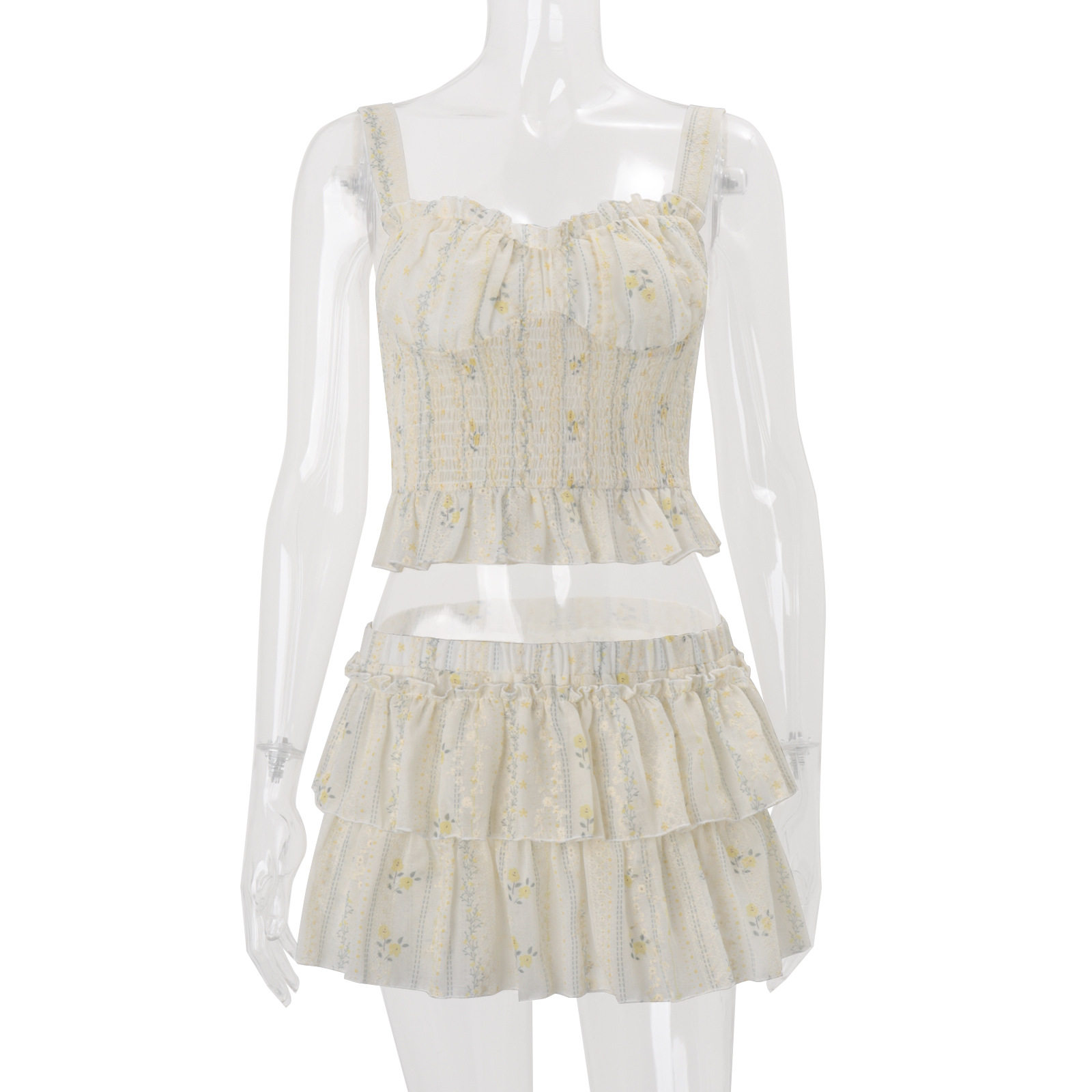 Floral Print Crop Top and Puff Skirt Set Sexy Elegant Spring Womens Fashion for Casual Outings Wholesale Available