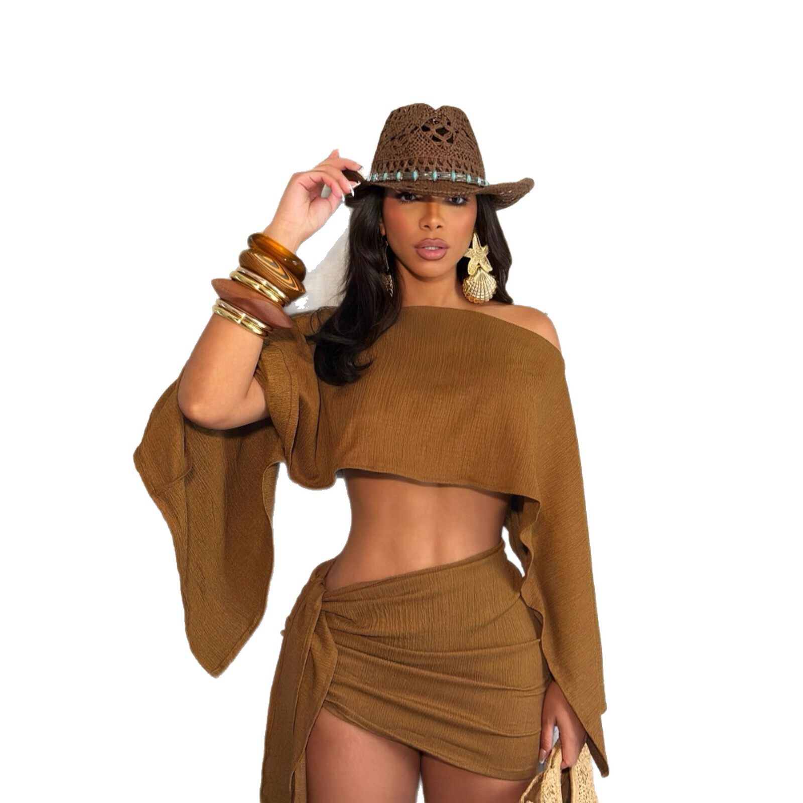 A740 时尚 优雅性感海边度假风透气斜领露肩上衣绑带包臀短裙套装