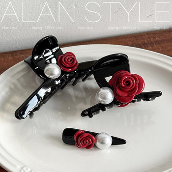 Alan's New Acetate Rose Flower Pearl Hairpin Grabber Headwear Elegant Shark Clip Girl's Ball Head Side Clip