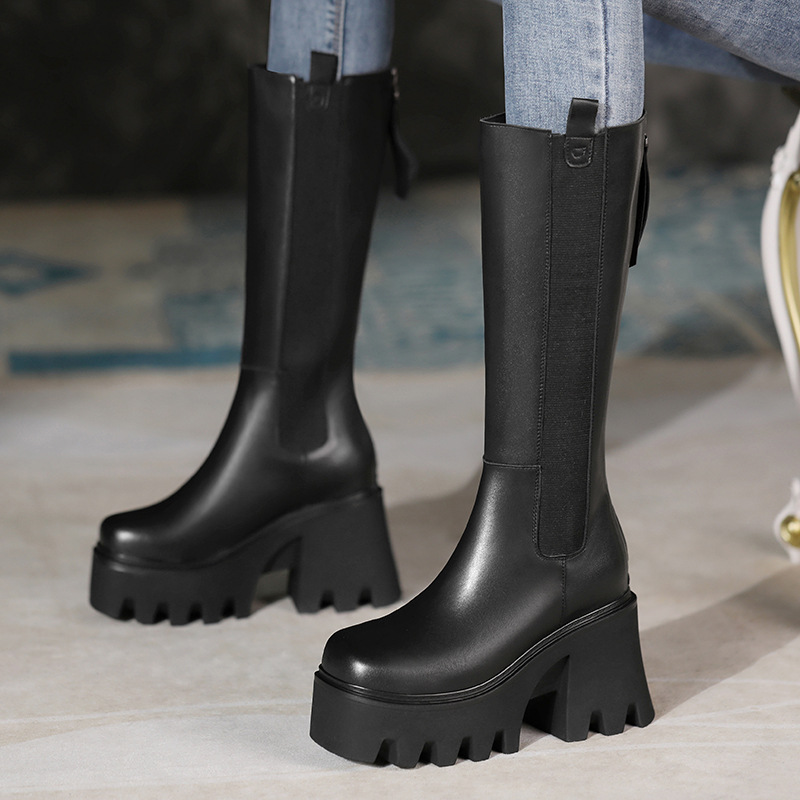 Cao Gót Nữ Cao 10cm Gót Vuông Tăng Chiều Cao Đế Cao Hàng Mùa Xuân Thu Đông Phục Cổ Cổ Điển