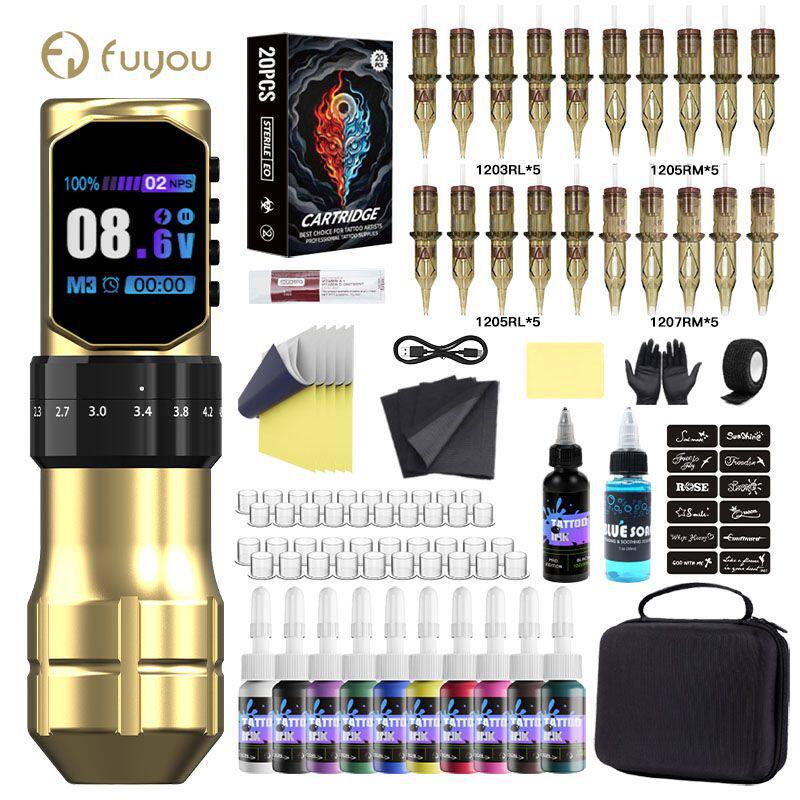 Adjustable Stroke Battery Pen Tattoo Set Large Color Screen Multi-Function Prick Tattoo Power Pen Color Materials Complete Set