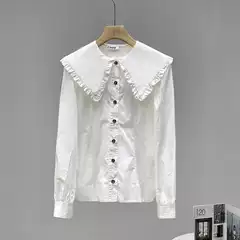 In Stock! Classic French Versatile Doll Collar White Ruffled Large Lapel Long-Sleeved Shirt for Women