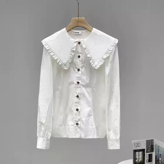 In Stock! Classic French Versatile Doll Collar White Ruffled Large Lapel Long-Sleeved Shirt for Women