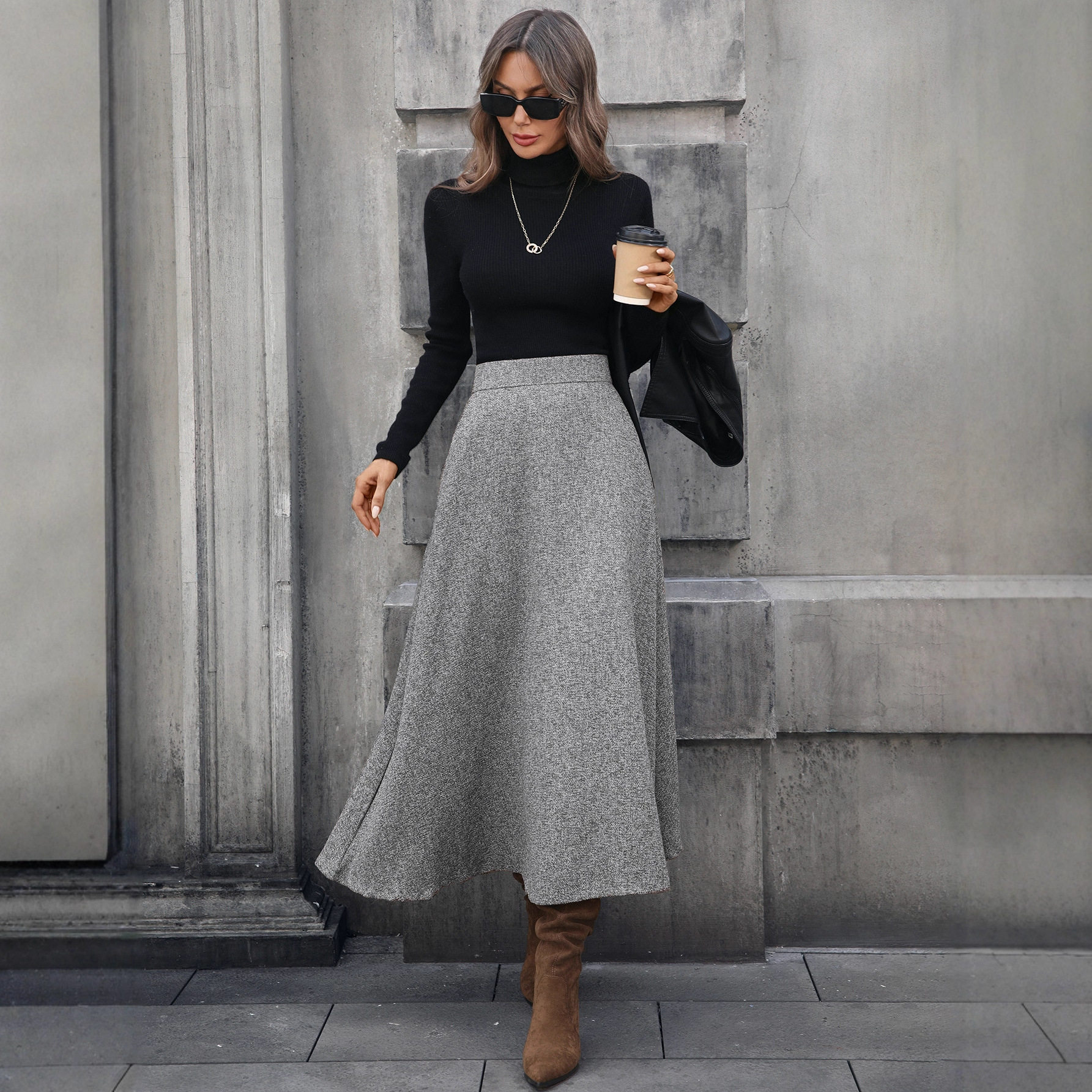 Woolen A Line Midi Skirt High Quality Fabric Elegant Draping Autumn Winter Style Ready to Ship Wholesale Available