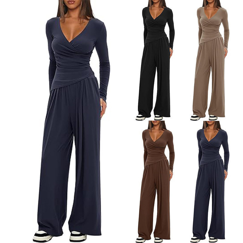 2025 Cross-Border Pure Color Popular 2-Piece Casual Suit Warp Knitted V Neck Long-Sleeved Wide-Leg Pants Casual Matchinging Sports Set