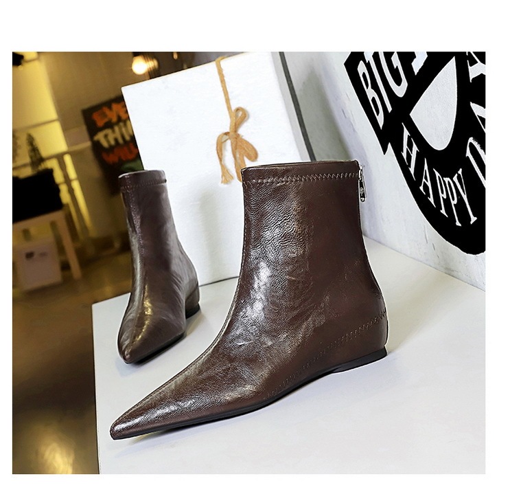 Boot nữ cổ thấp gót vừa khóa kéo sau, mũi nhọn tôn dáng, phong cách cổ điển dễ phối đồ — Lớp lót đơn màu đen, Lớp lót đơn màu nâu sẫm, Lớp lót nhung đen, Nhung màu nâu sẫm