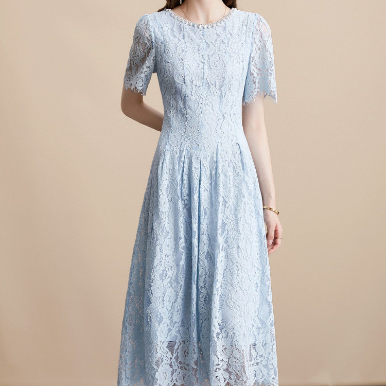 French Elegant Beaded Lace Dress Short Sleeve Round Neck Slim Fit High Quality Fabric Cocktail Party or Evening