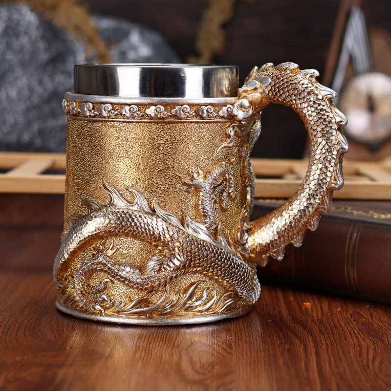 Gods Oriental Golden Dragon Cup Creative Wine Glass Dragon Sculpture Holy Grail Coffee Cup Vintage Decorations Mug