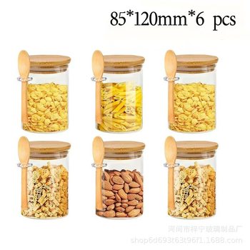 Temu High Borosilicate Glass Bottle with Spoon Bamboo Lid Sealed Jar 500ml Storage Storage Jar 6Pcs Kitchen Seasoning Bottle