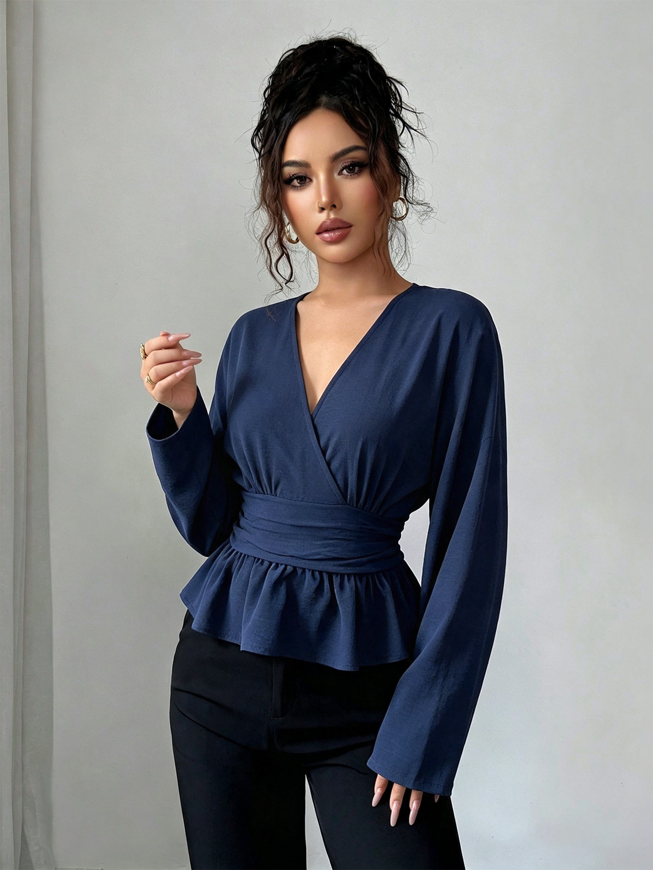 Womens V Neck Peplum Top Slim Fit Long Sleeve Ruffle Hem Fall Winter Fashion Wholesale Available