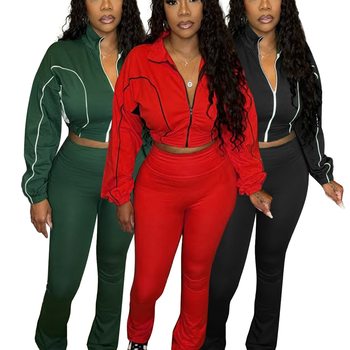 Hr25018 European and American Fashion Women's Double Stitching Contrasting Color Squeeze Strip Zipper Micro-Flared Two-Piece Pants Suit