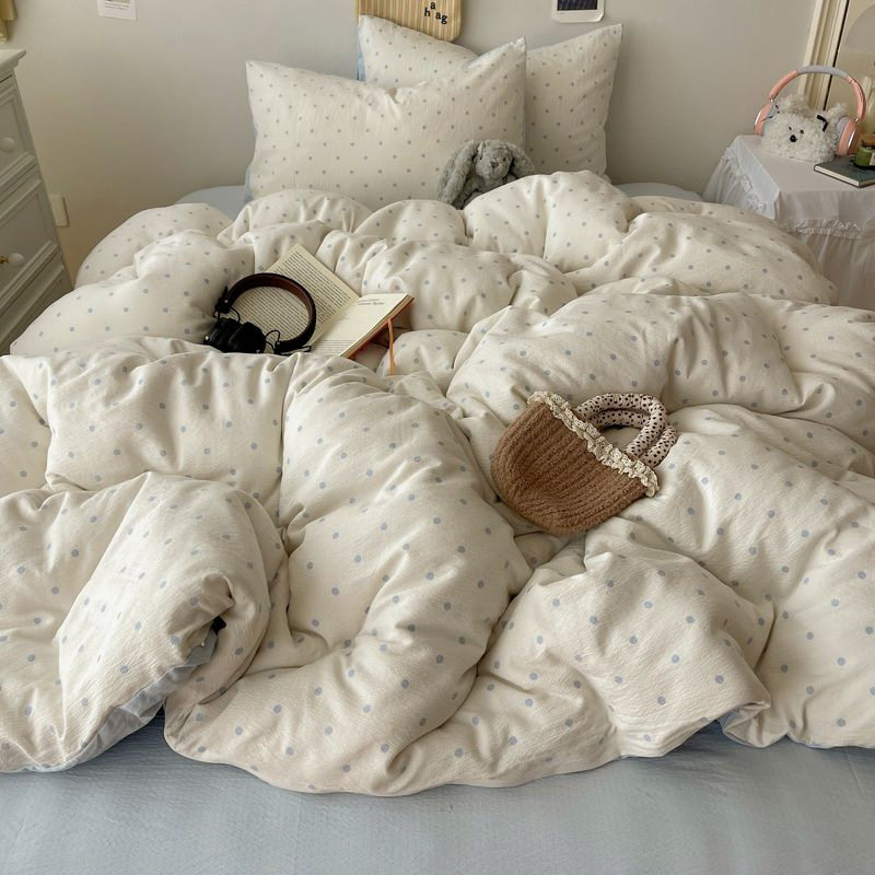 Milk Blue Polka Dot Type a Cloud-Like Double-Layer Yarn Bedding Four-Piece Set Quilt Cover Bed Sheetss Student Dormitory Three-Piece Set